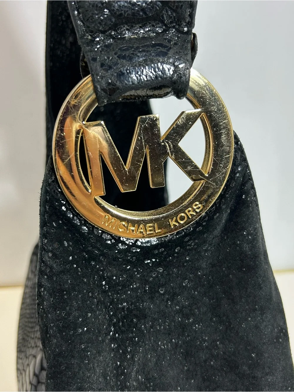Michael Kors Black Snakeskin Hobo Shoulder Bag Purse Y2K Sparkle Gold Hardware